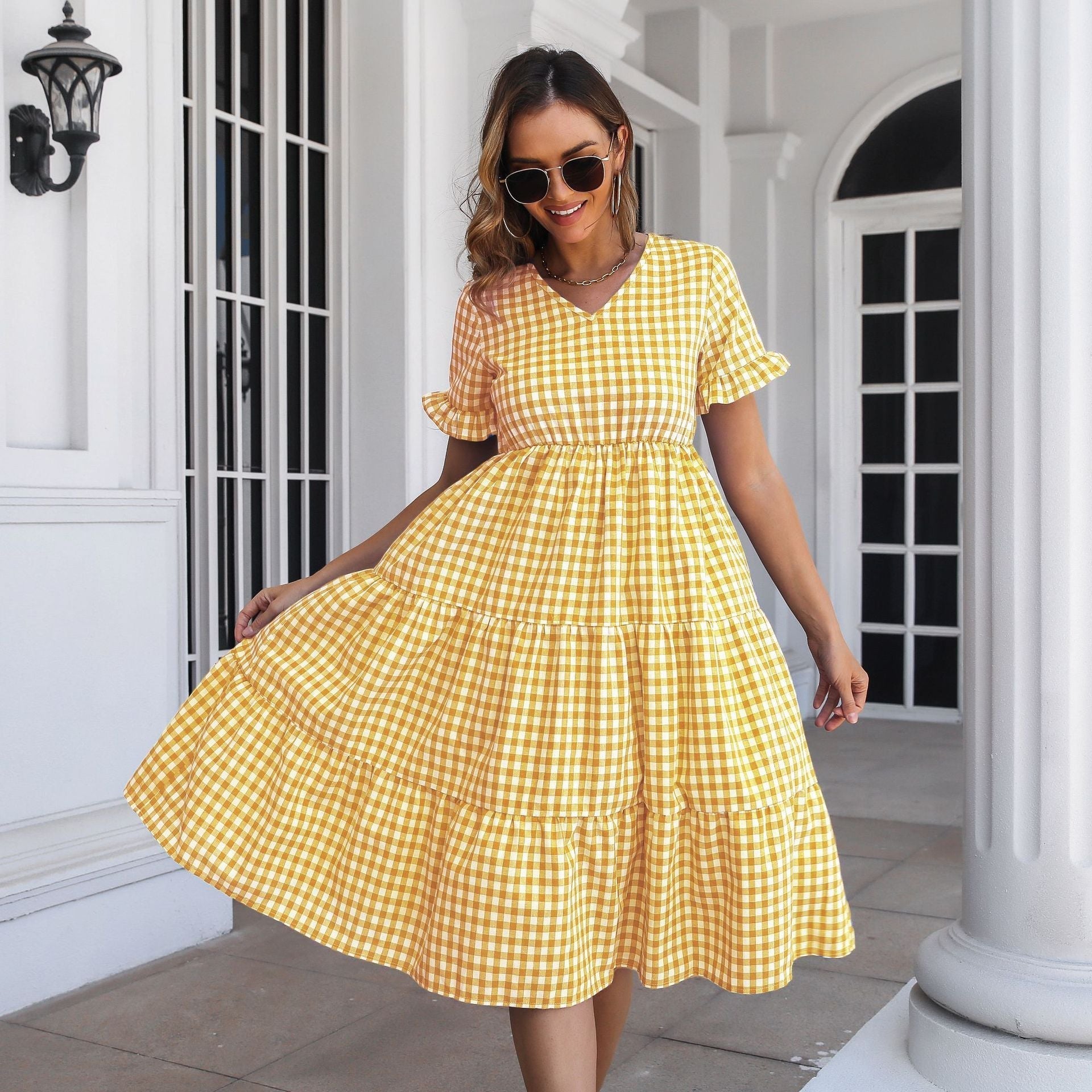 Pocketed Bonny Gingham Tie Front Babydoll Dress Yellow