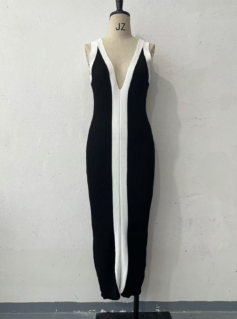 Matching Color Front Back V neck Long Spaghetti Straps Knitted Hepburn Dress Black