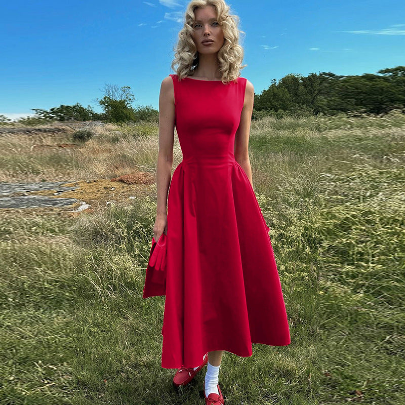 Color Solid Sleeveless Waist Slim Backless Dress