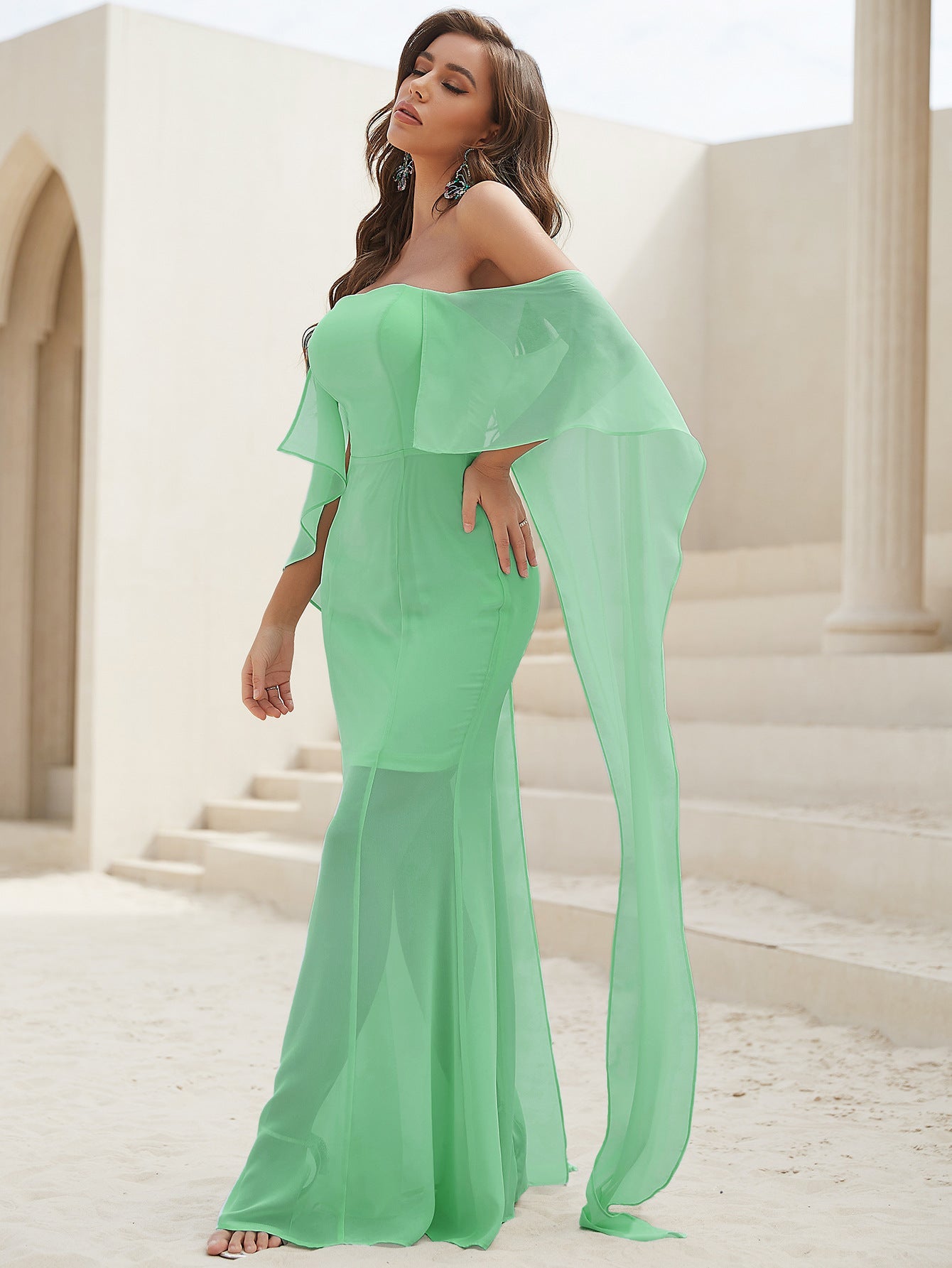 Women Strapless Short Sleeve Formal Graceful Lace Slim Bodycon Maxi Dress