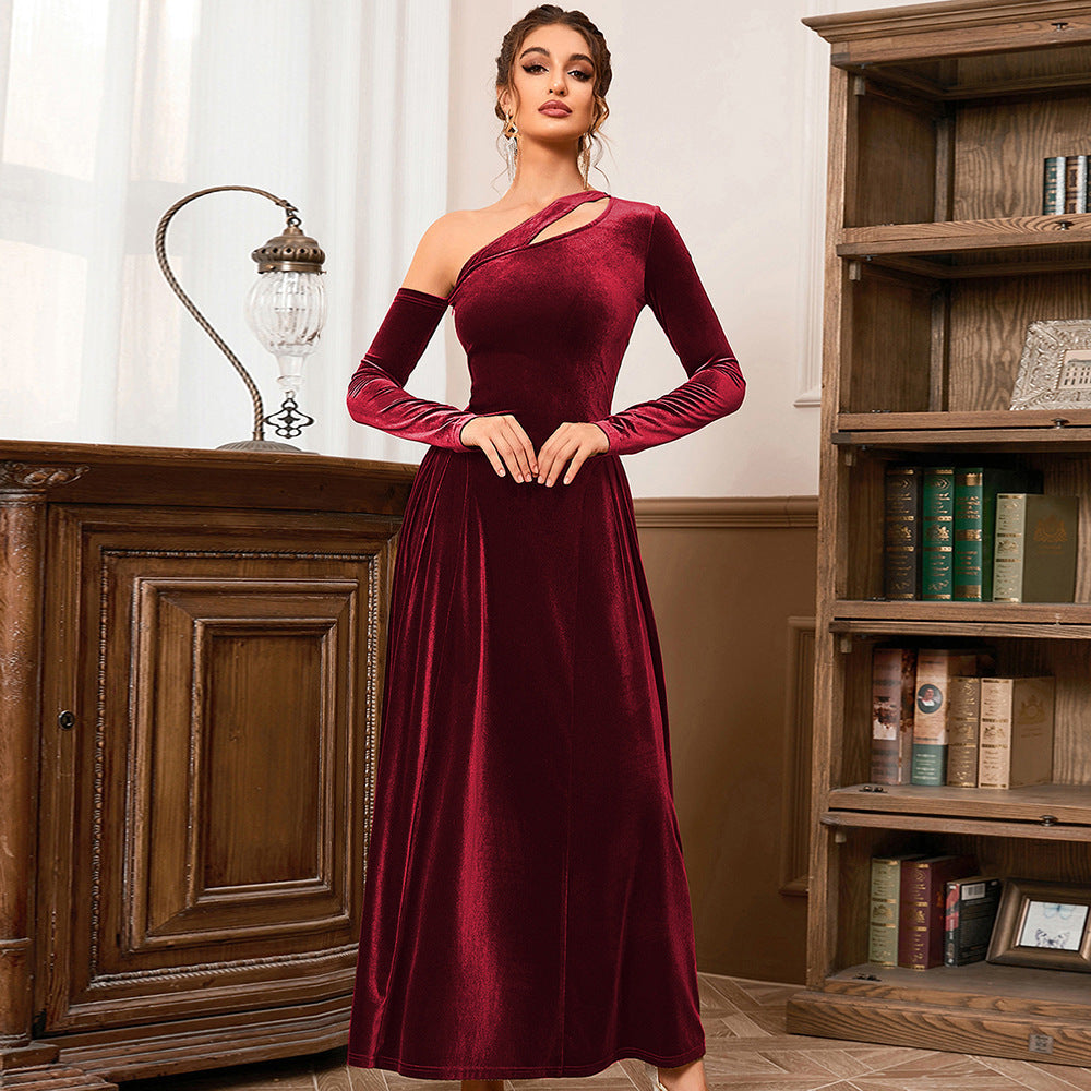 Shoulder One Long Sleeve High Slit Slim Waist Mid Length Evening Dress