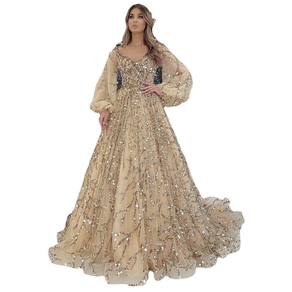 Gold Heavy Industry Beads Premium Evening Dress Sexy Socialite Aura Queen Maxi Dress