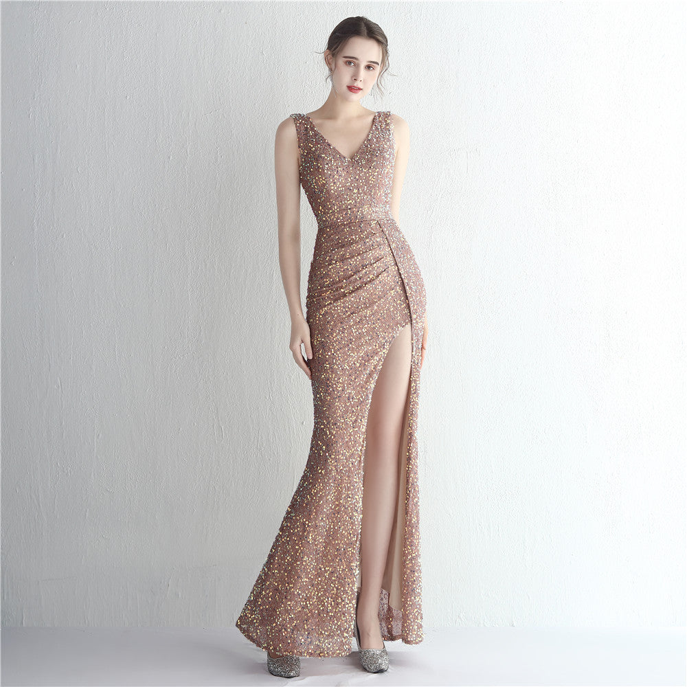 Sequin Handmade Ladies Cocktail Split Long Sequined Aura Queen Dinner Fishtail Dress