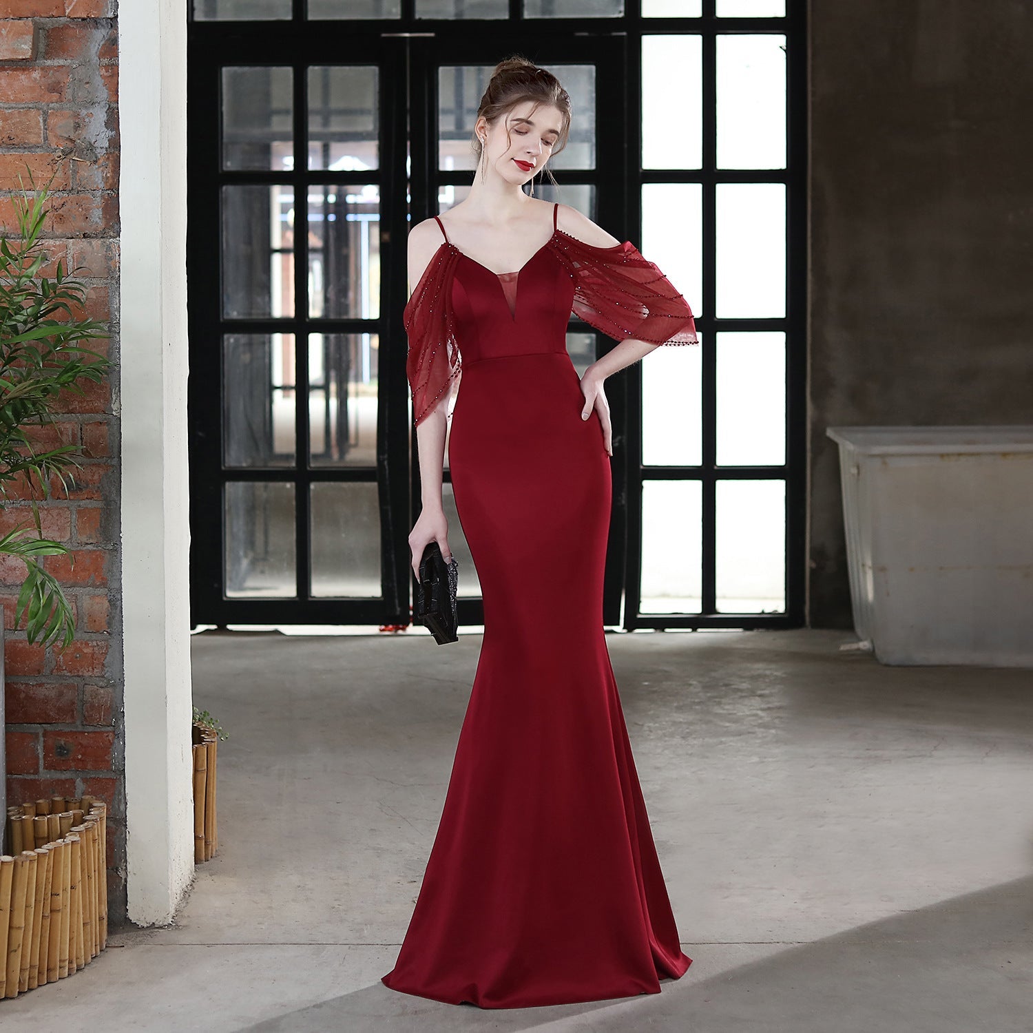 Wedding Toast Dress Bride Extended Sling Appreciation Dinner Slim-Fit Fishtail Car Model Exhibition Dress Formal Gown