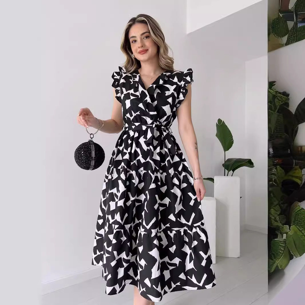 Refined Dress V neck Slimming Waist Trimming Lace up Black White Printed Midi Dress
