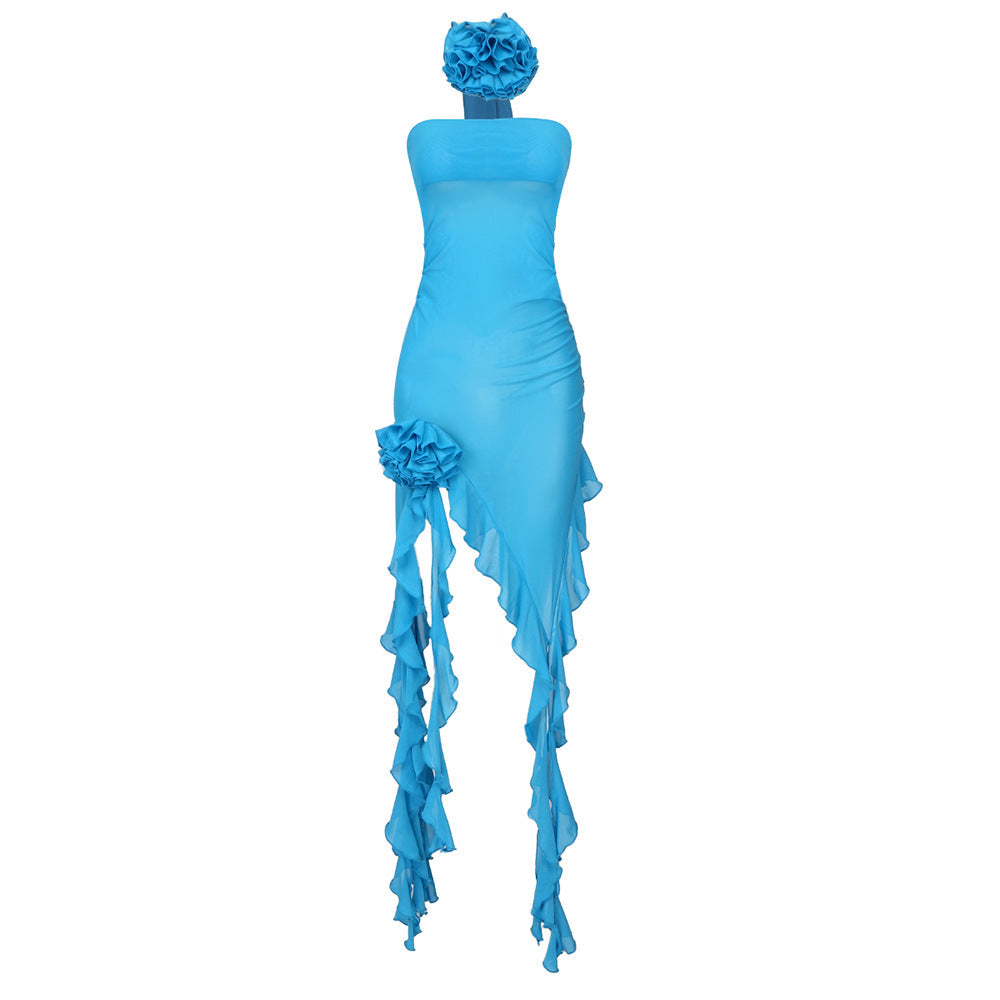White Net Yarn Bloom Ribbon Strapless Dress Blue Chiffon Dress