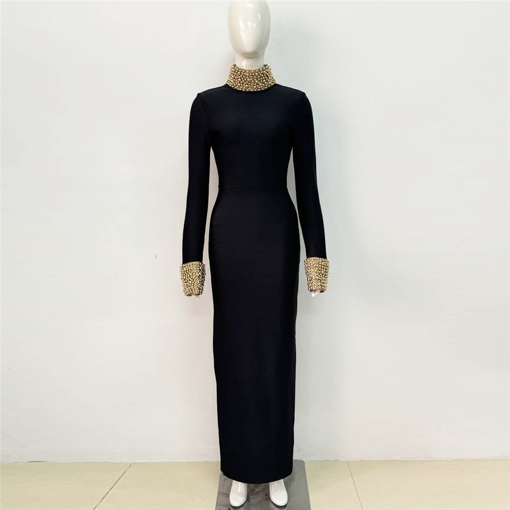 Bead Diamond Long Sleeve Bandage Dress Backless Party Cocktail Dress