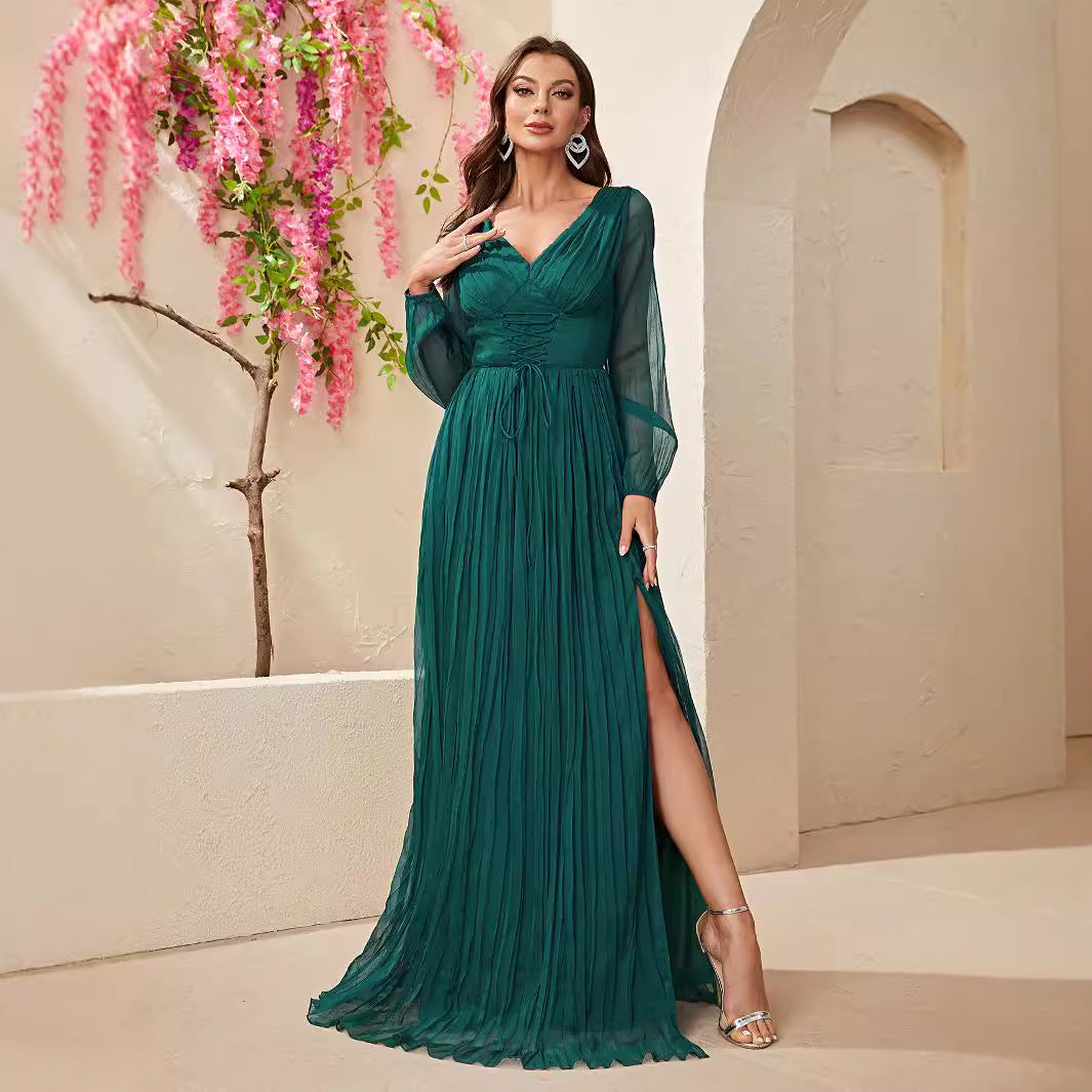Dress Long Sleeved Chiffon V neck Slit Dress Waist Controlled Lace up Pleated Maxi Dress