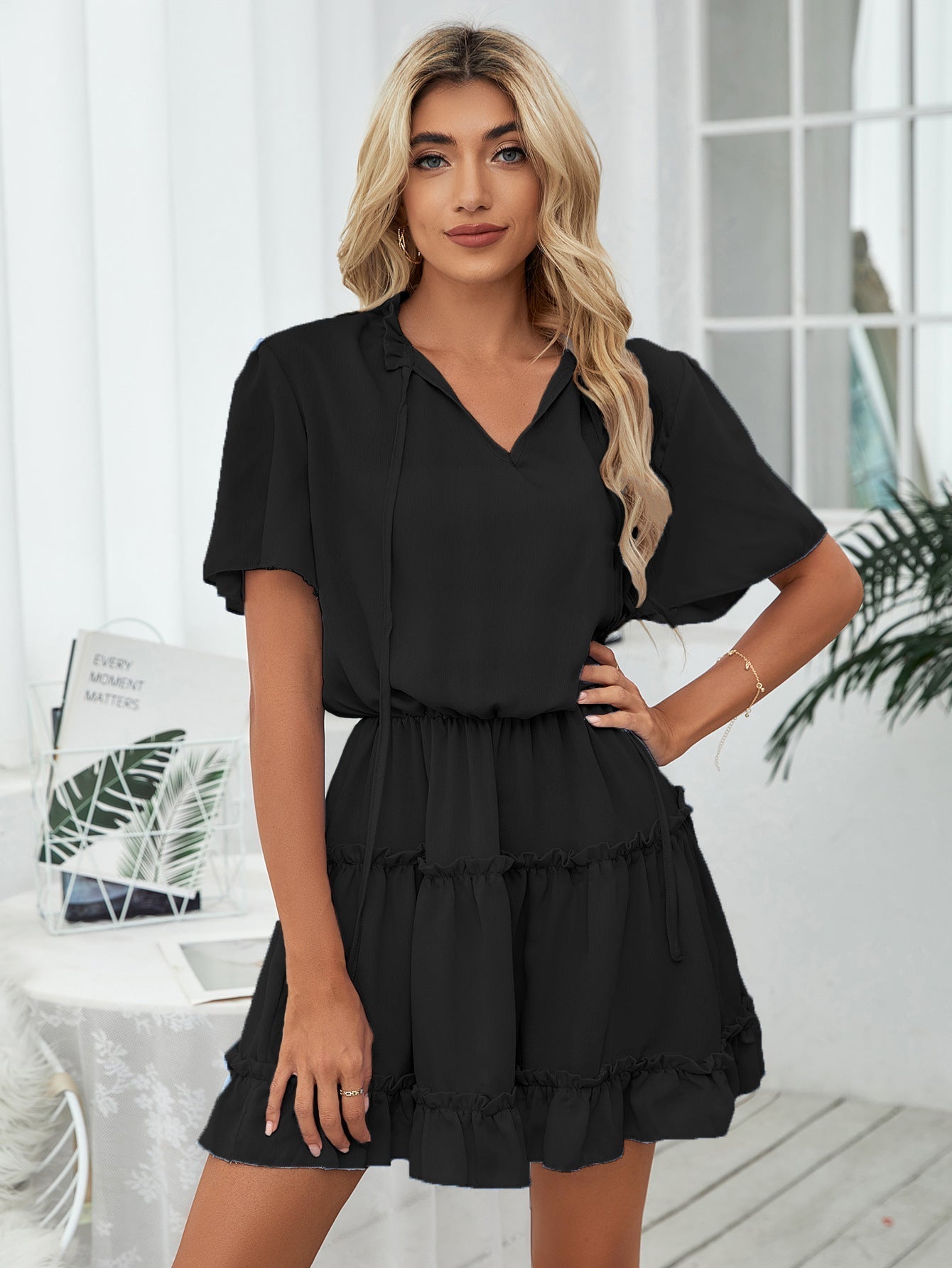 It Slow Down Smocked Tassel Dress Black