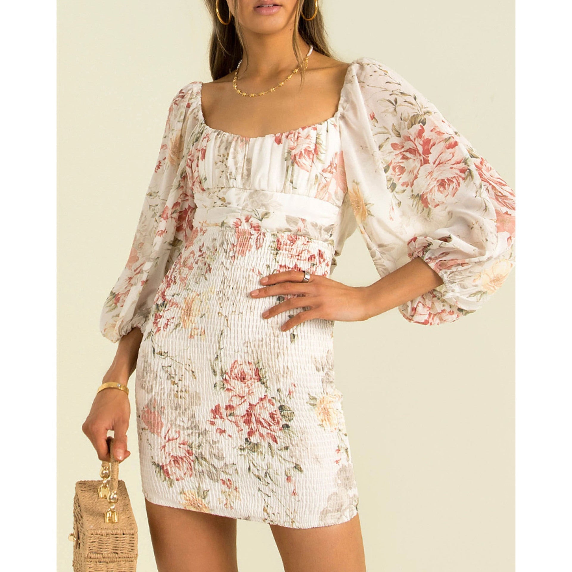 Emberly Linen Botanical Puff Sleeve Mini Dress Ivory Multi