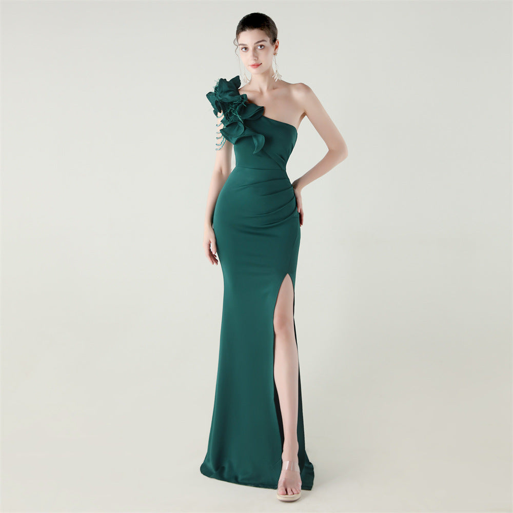 Single Shoulder Craft Beaded Nail Hair Wave Flower Satin High Slit Sexy Evening Dress Evening Cocktail Wedding