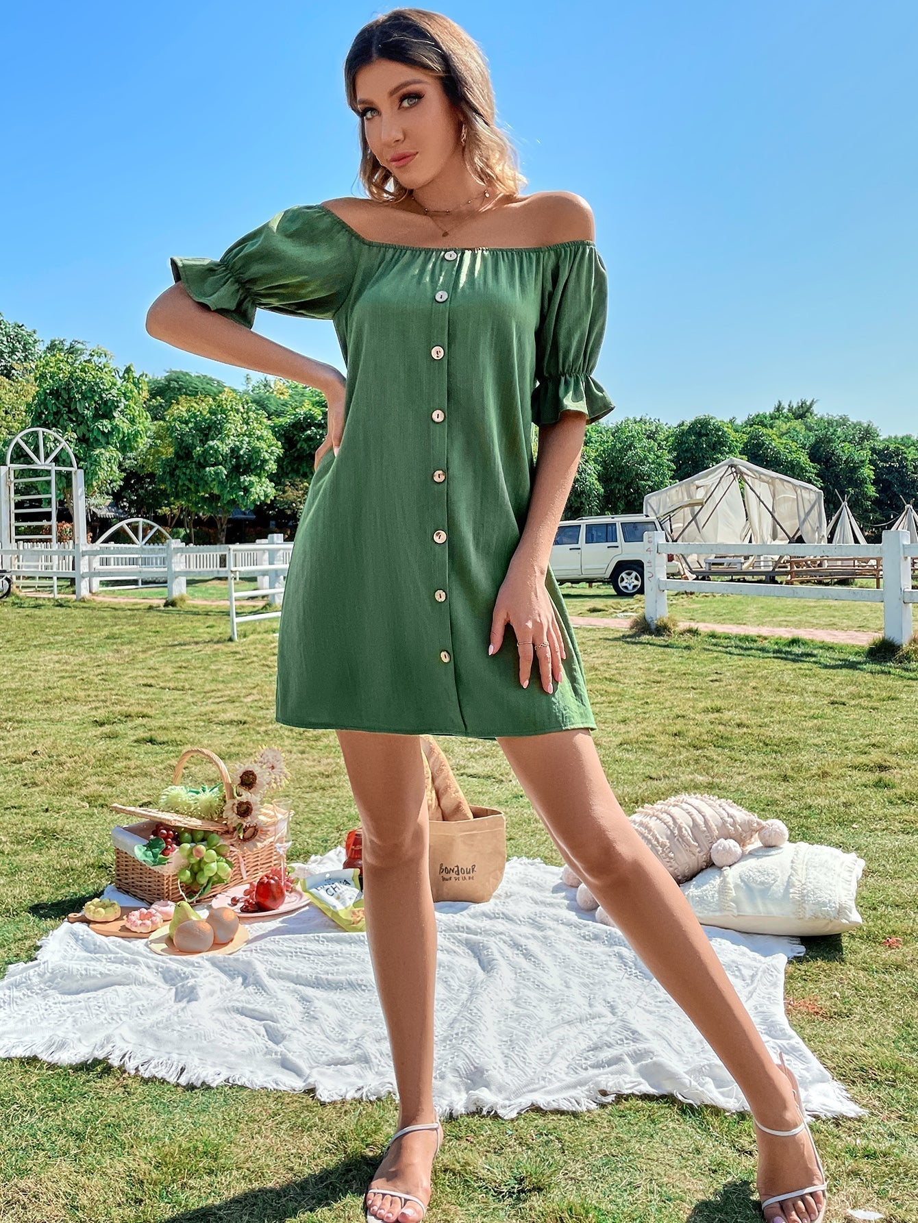 Shoulder Off Button Up Dress
