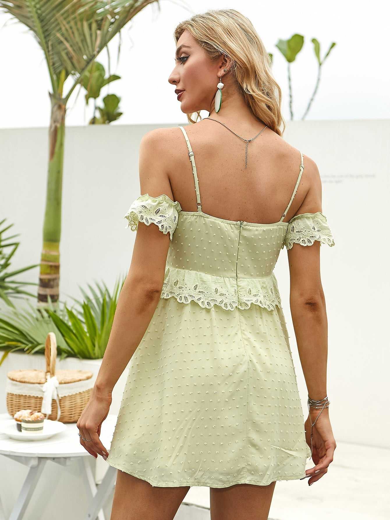 Shoulder Off Ruffle Detail Lace Trim Cami Dress