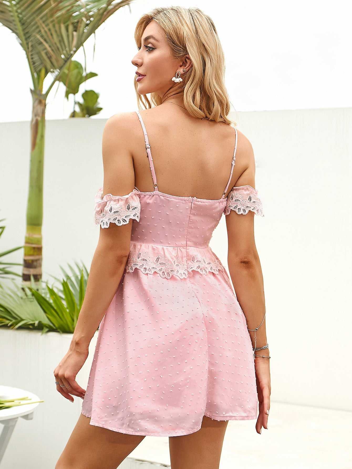 Shoulder Off Ruffle Detail Lace Trim Cami Dress