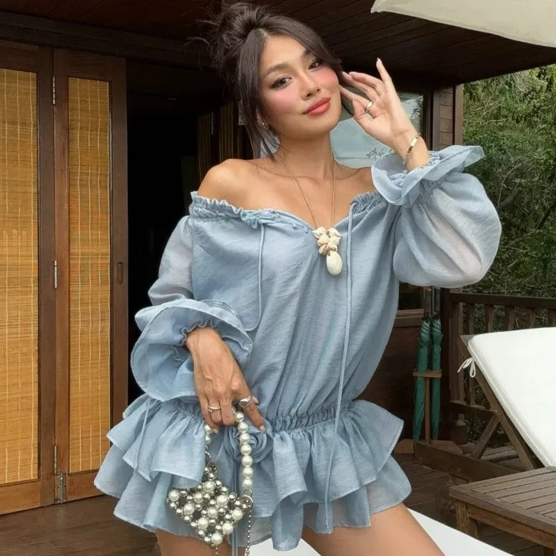 Shoulder Off Ruffled Mini Dress