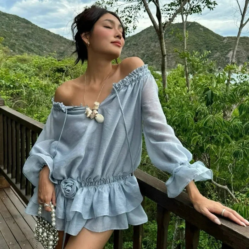 Shoulder Off Ruffled Mini Dress