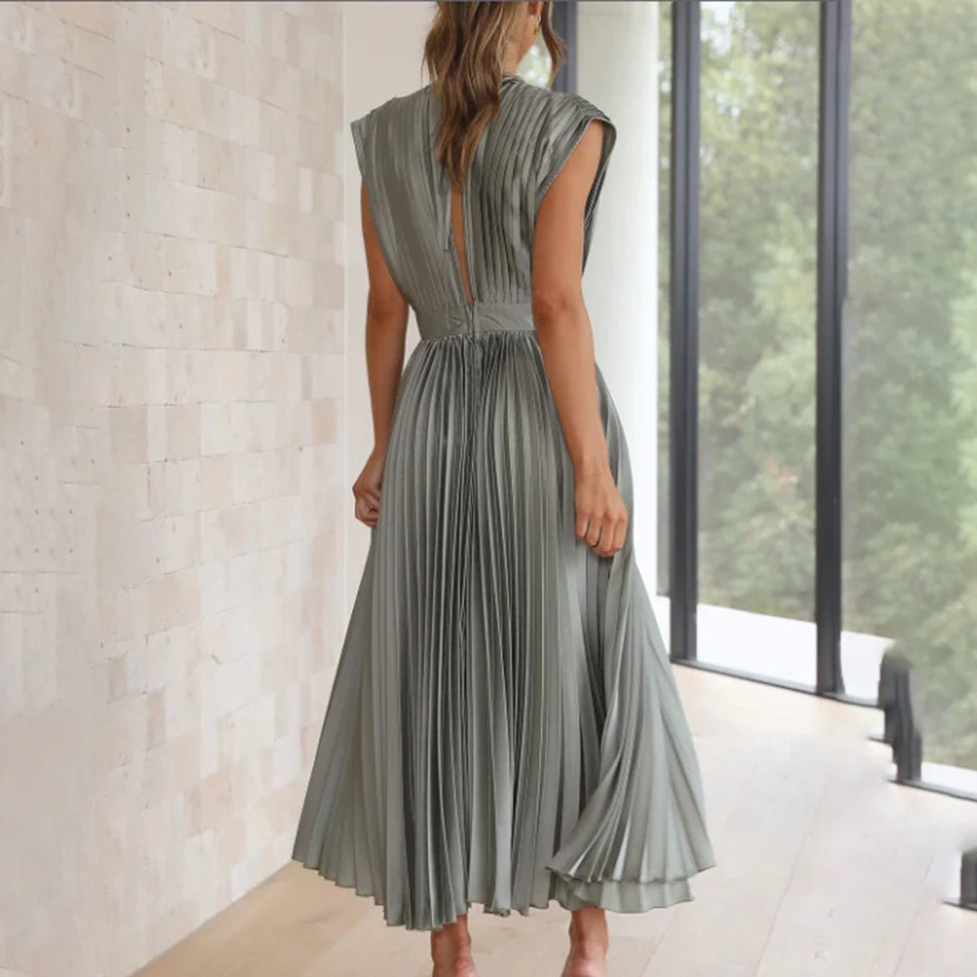 Mertxe Refined V-neck Pleated Maxi Dress for Women Sophisticated Look
