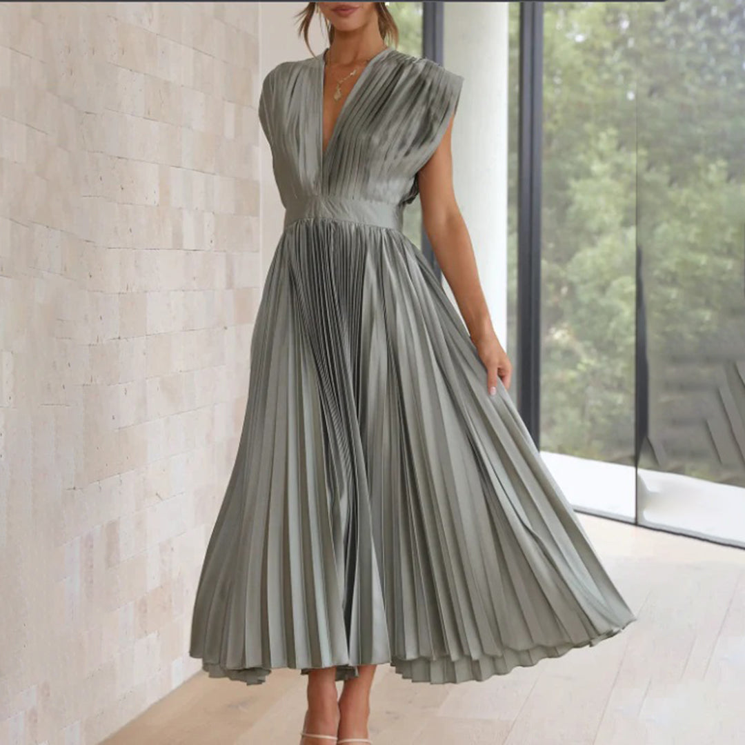 Mertxe Refined V-neck Pleated Maxi Dress for Women Sophisticated Look