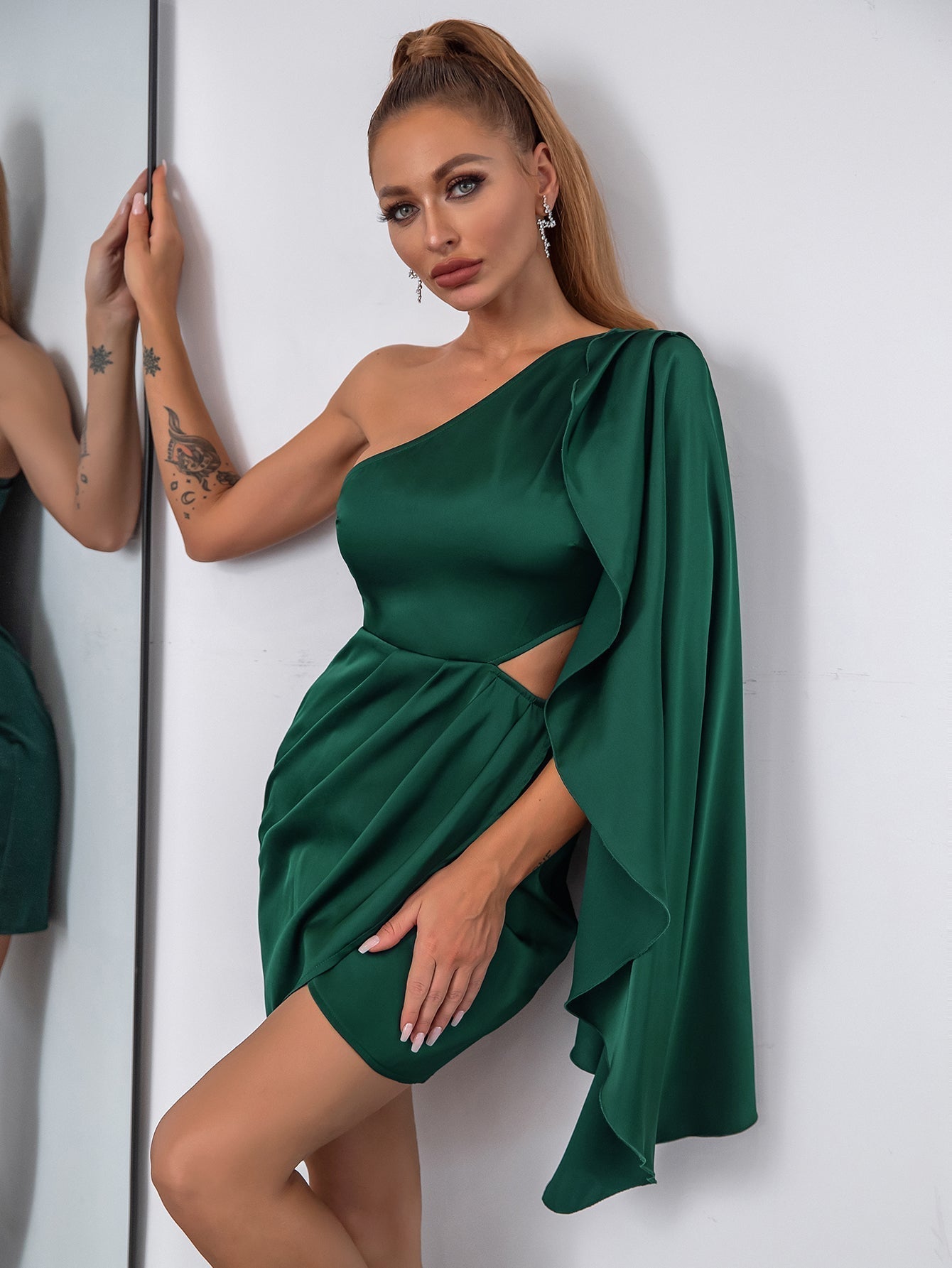 Shoulder One Drape Side Cut Out Satin Dress