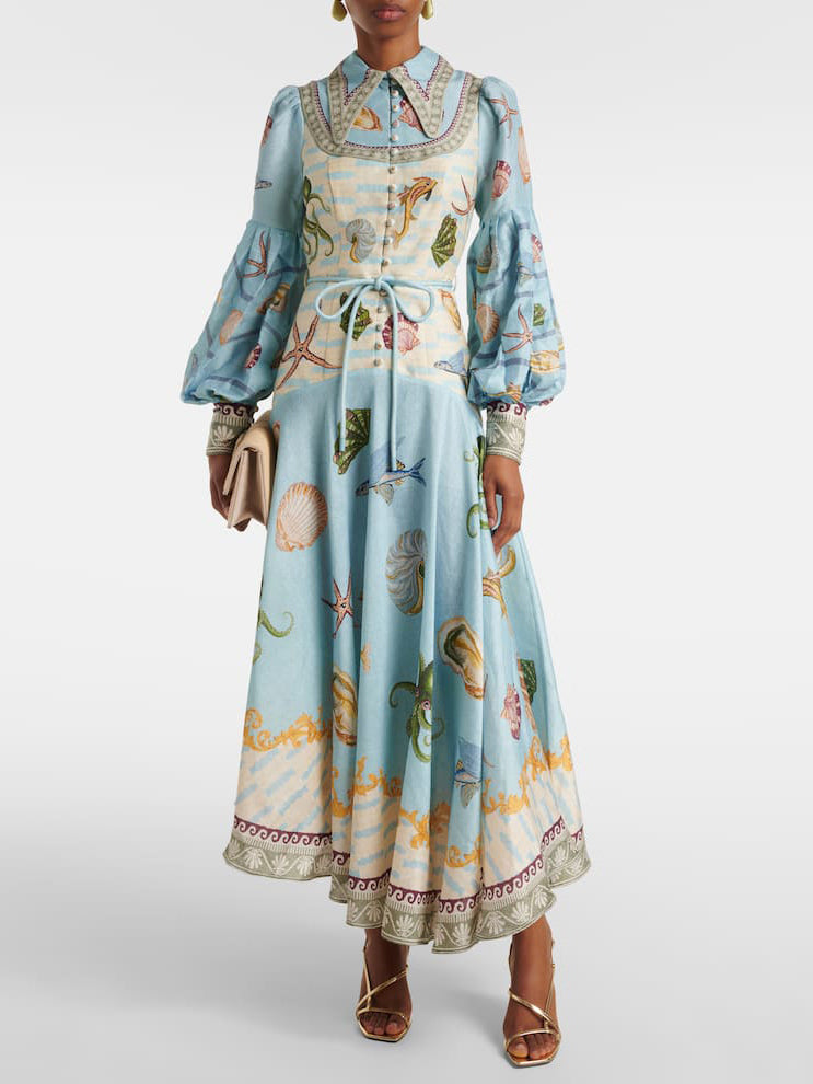 Unique Deep Sea Bloom Print Single Breasted Midi Dress