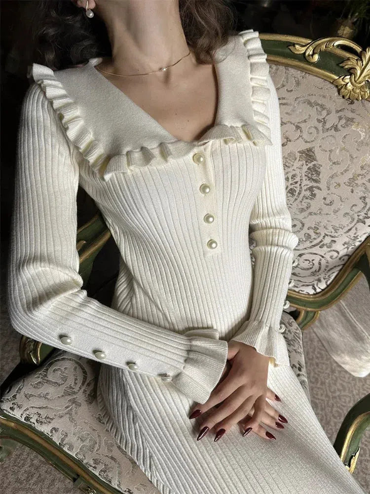Pan Peter Collar Ribbed Midi Dress