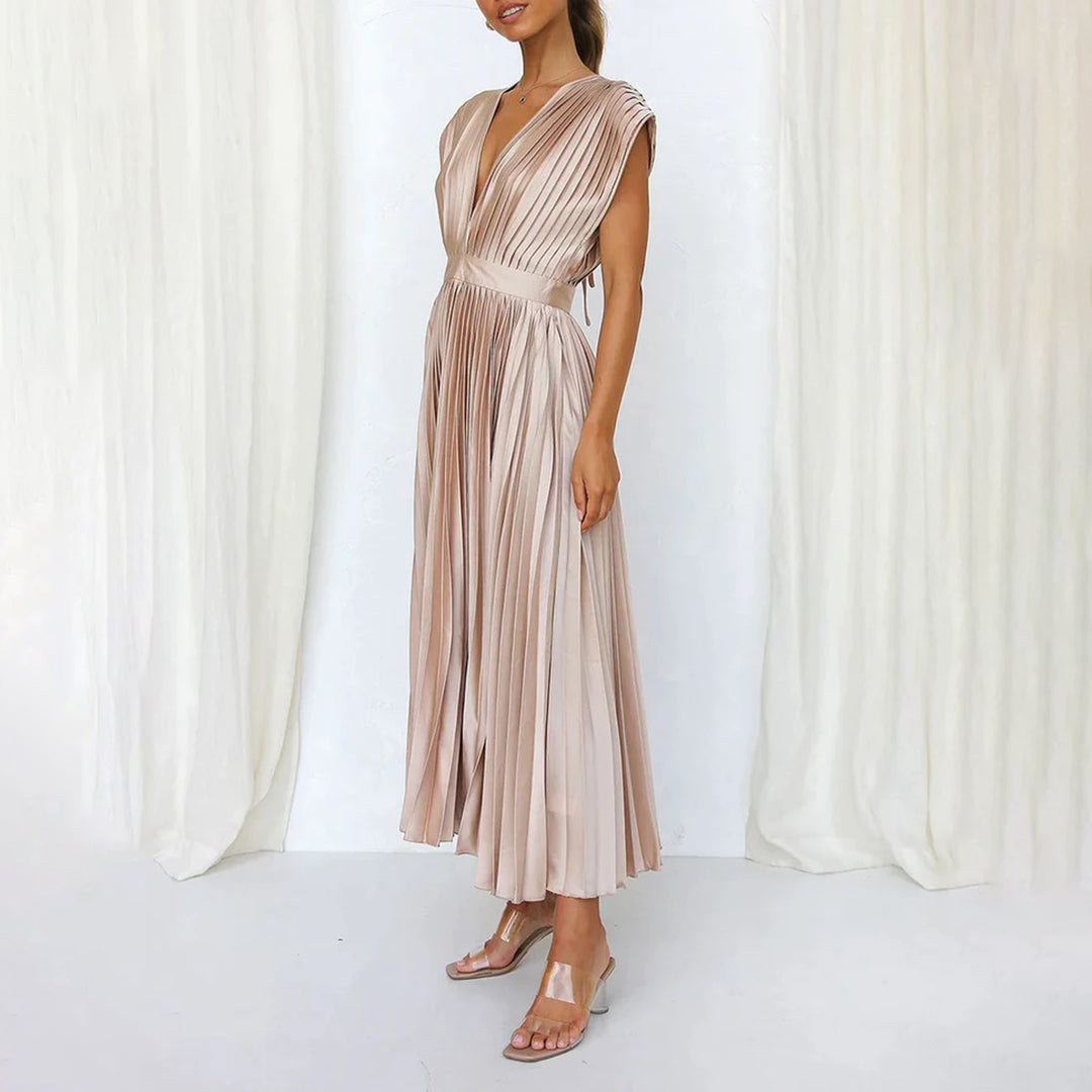 Mertxe Refined V-neck Pleated Maxi Dress for Women Sophisticated Look