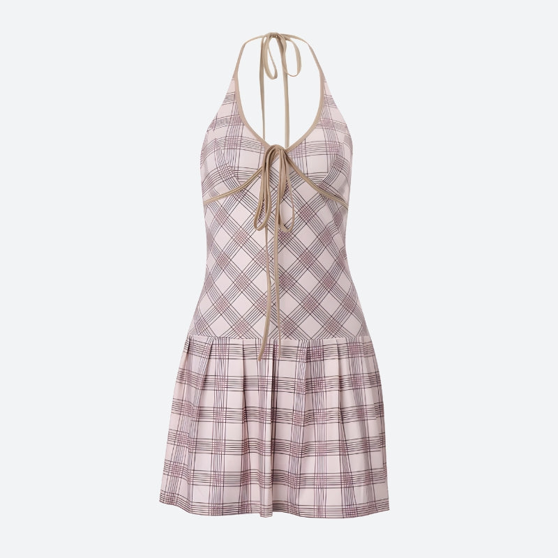 Halter Plaid Neck Pleated Mini Dress