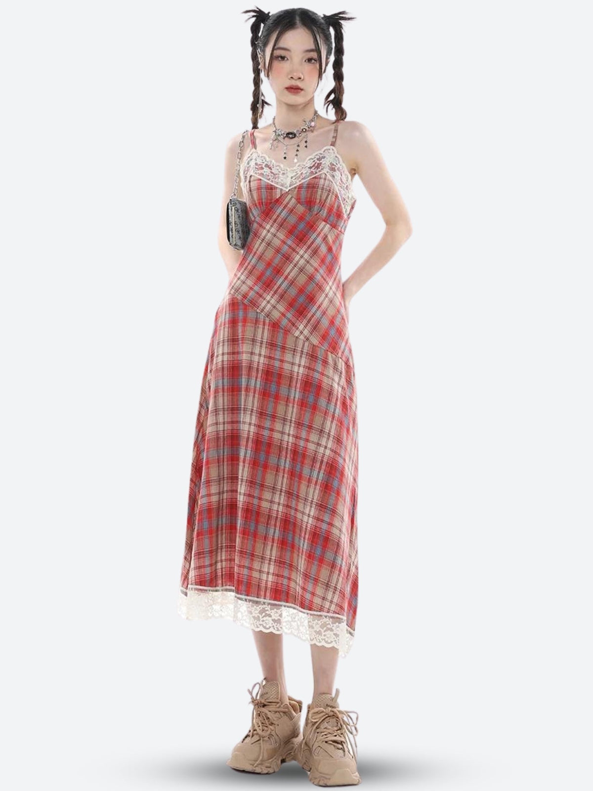 Lace Plaid Midi Dress
