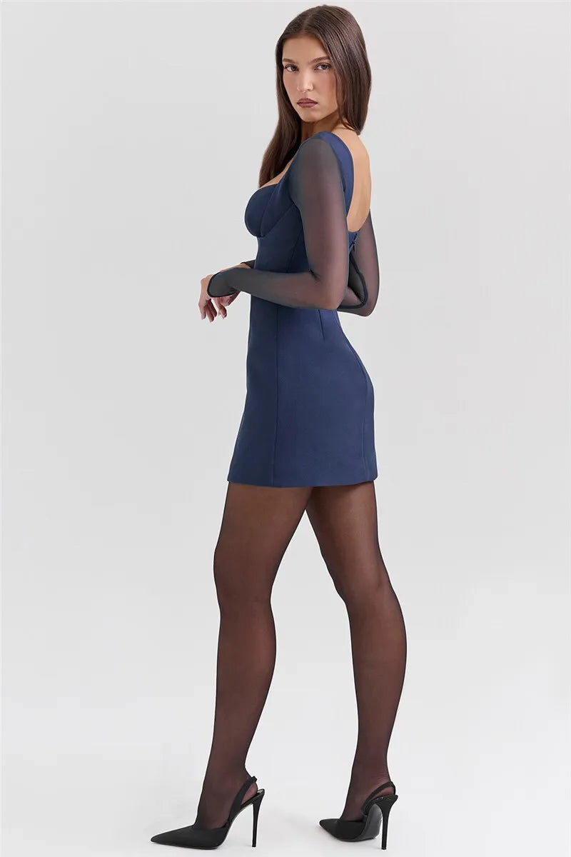 Neck Plunge Sheer Sleeve Mini Dress