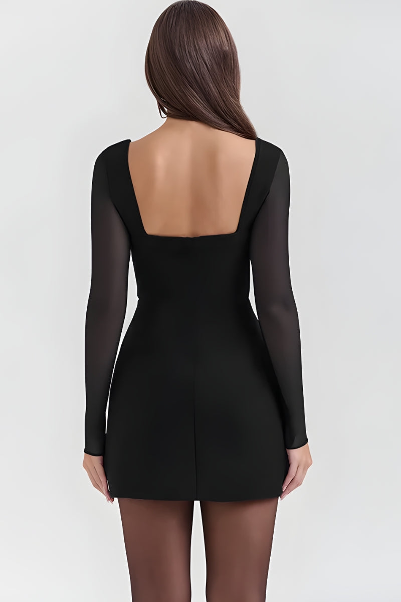 Neck Plunge Sheer Sleeve Mini Dress