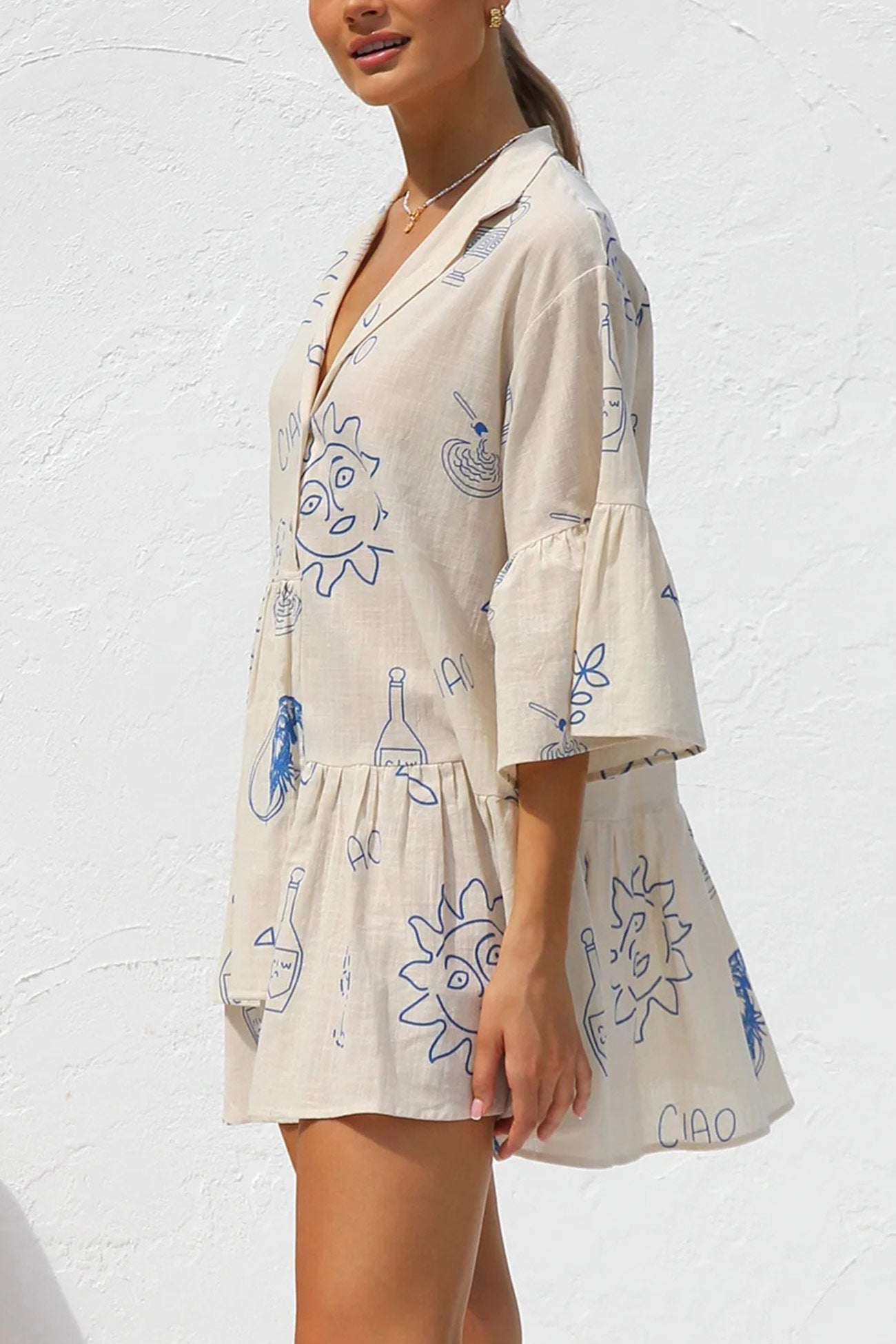Flares Printed Sleeve Ruched Mini Dress
