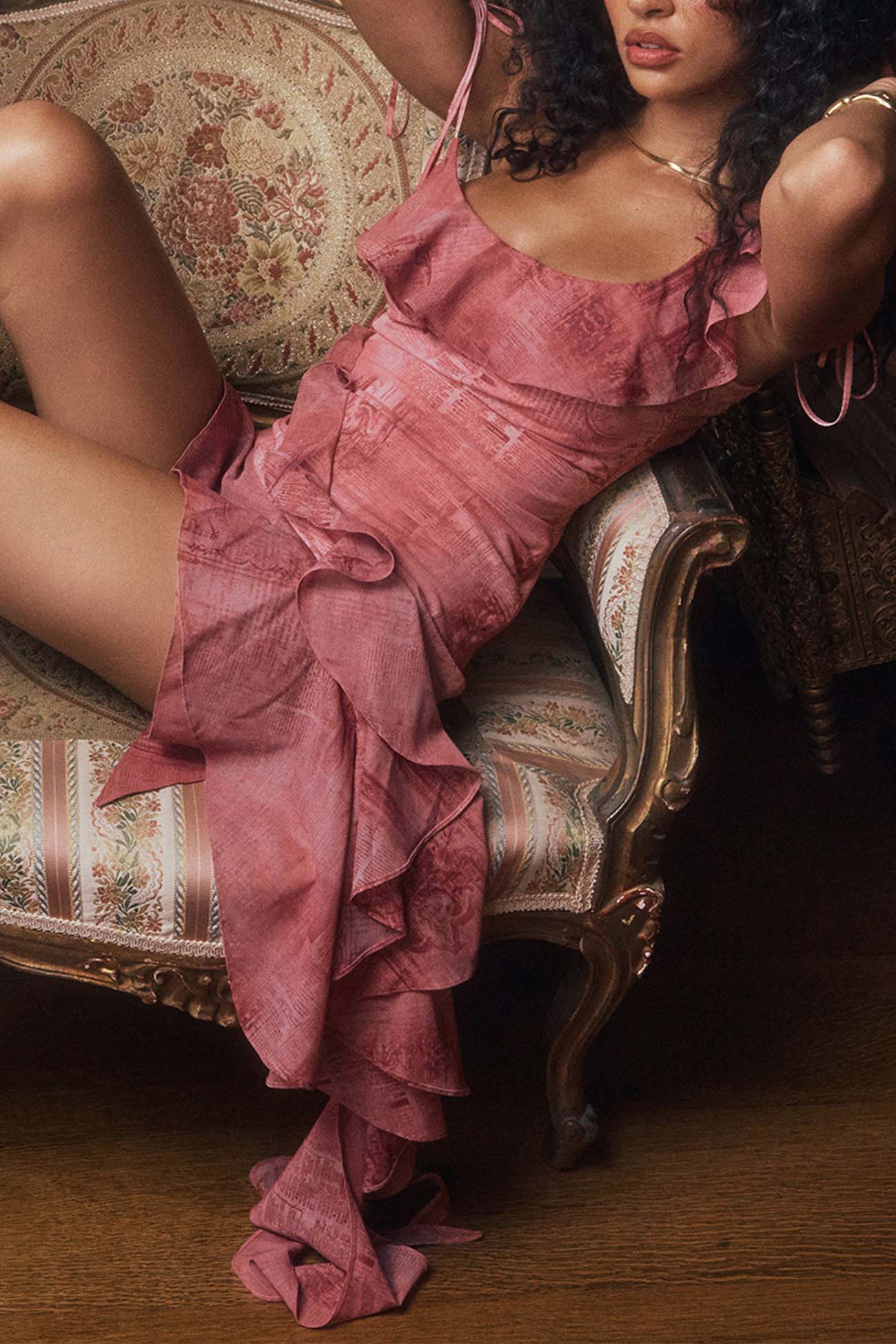 Ruffle Printed Tie Strap Irregular Mini Dress