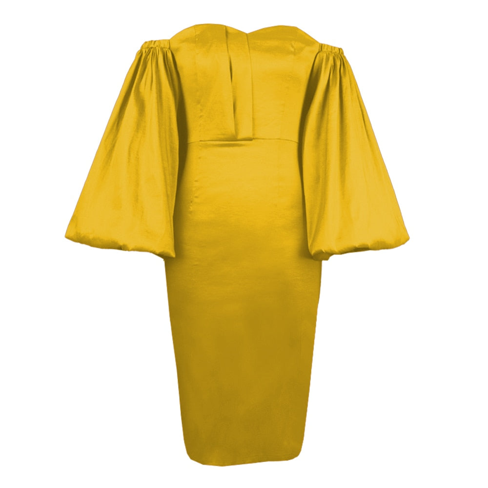 Kissnovaa - Royal Blue Deep V Neck Puff Sleeve Sexy Off Shoulder Pencil Dress