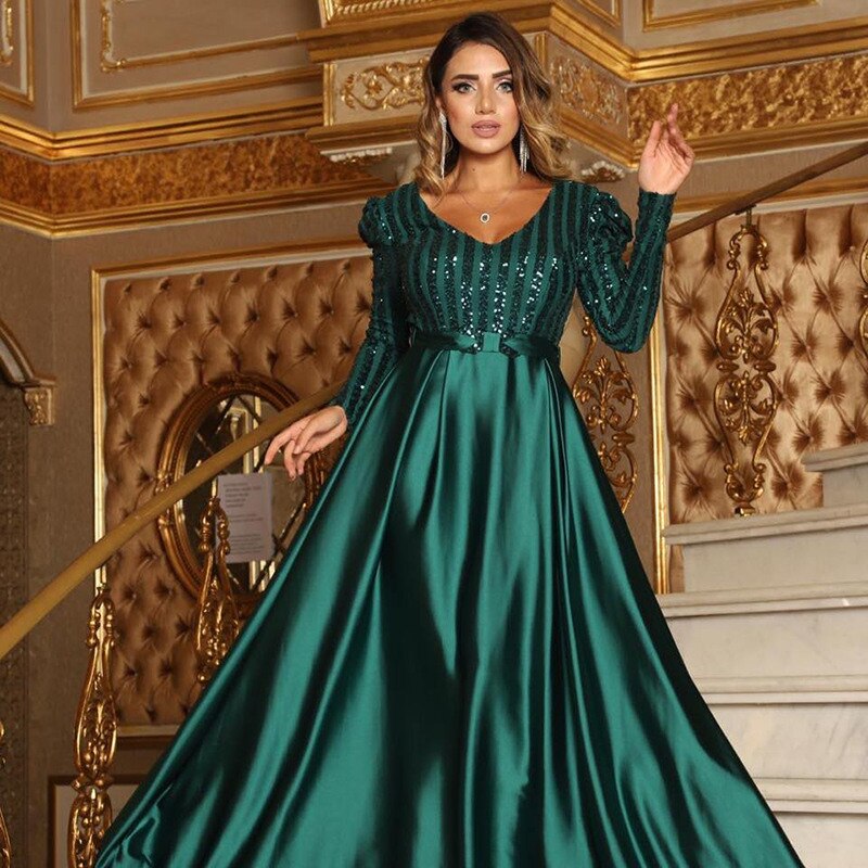 Kissnovaa - V-neck Long Sleeves Floor Length Satin Sequin Prom Dresses