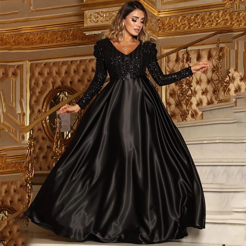 Kissnovaa - V-neck Long Sleeves Floor Length Satin Sequin Prom Dresses