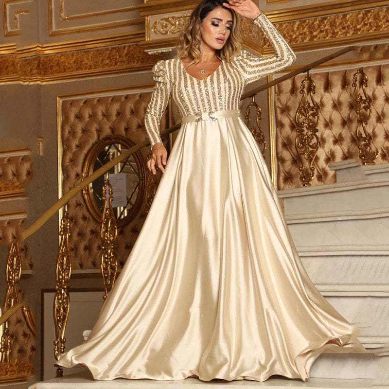 Kissnovaa - V-neck Long Sleeves Floor Length Satin Sequin Prom Dresses