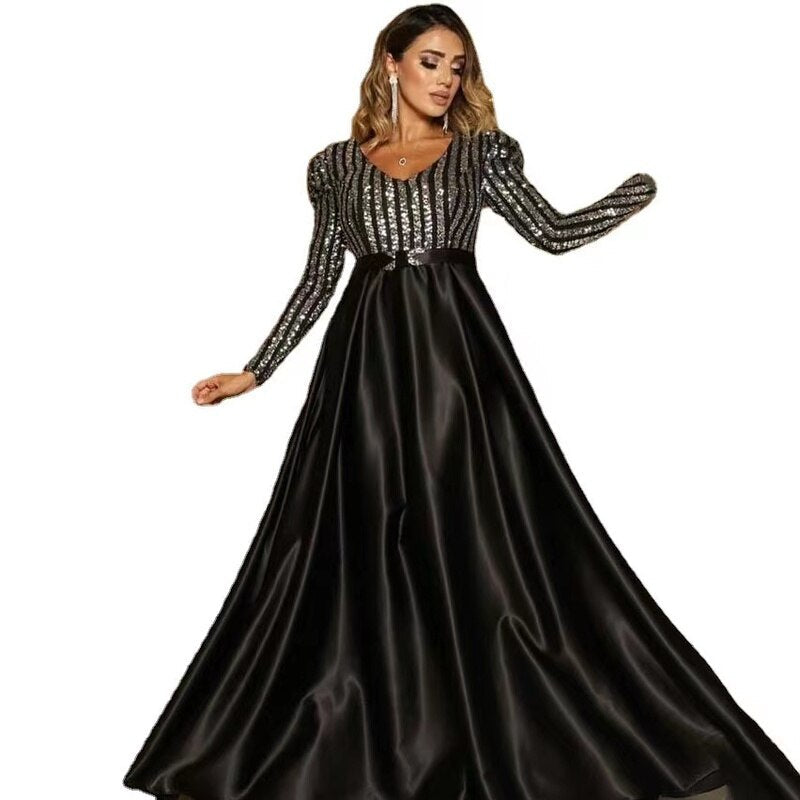 Kissnovaa - V-neck Long Sleeves Floor Length Satin Sequin Prom Dresses