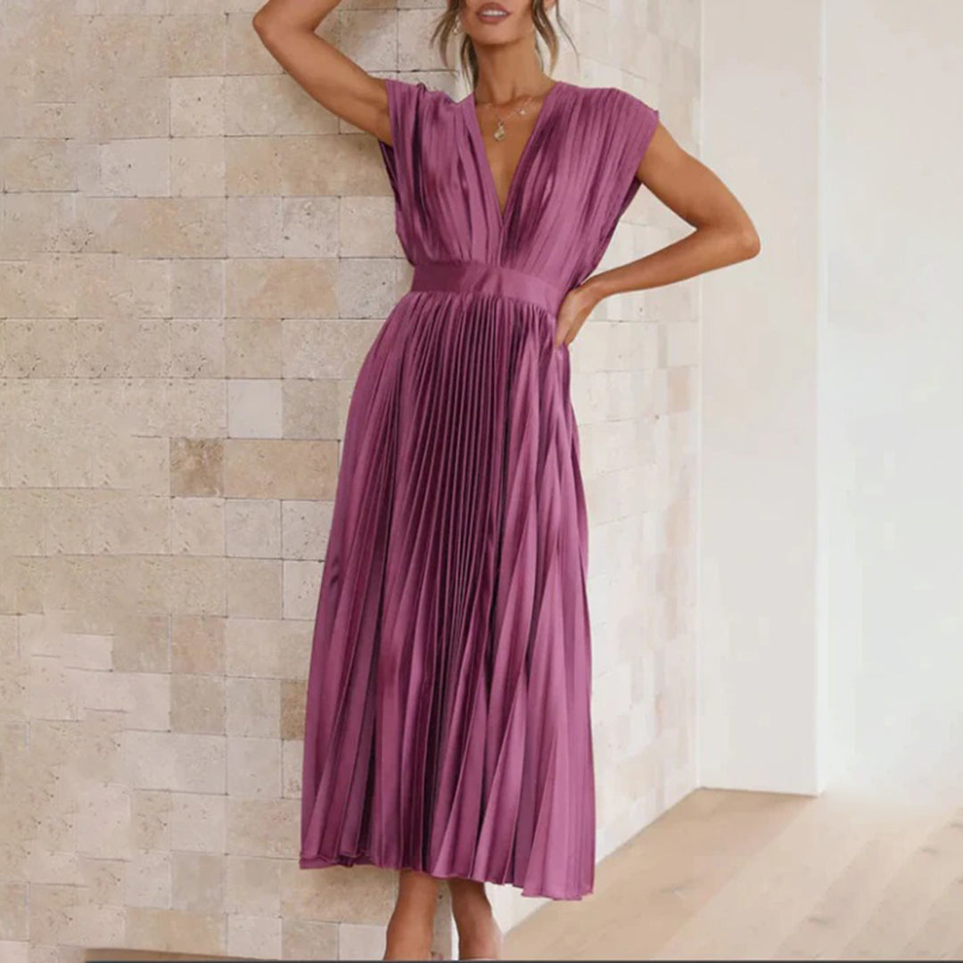 Mertxe Refined V-neck Pleated Maxi Dress for Women Sophisticated Look