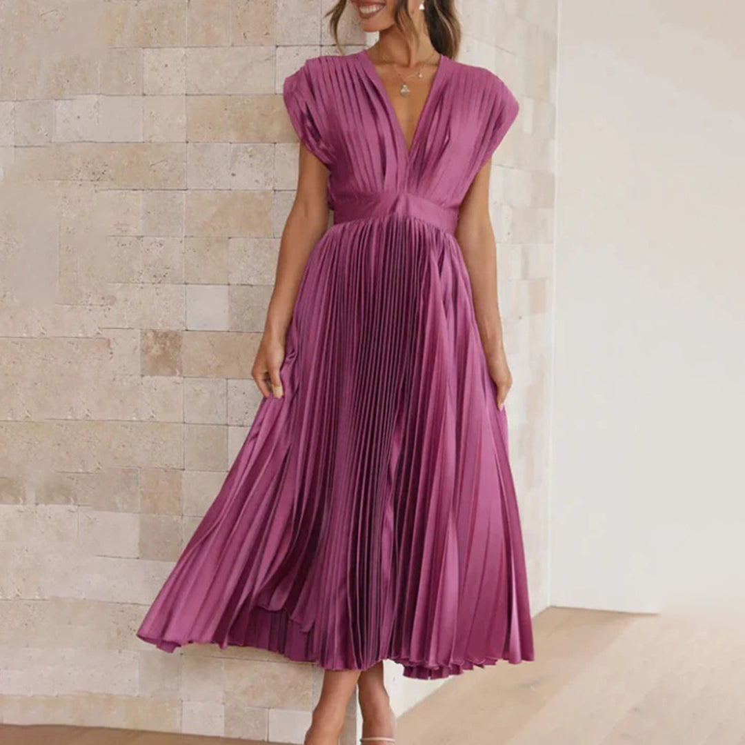 Mertxe Refined V-neck Pleated Maxi Dress for Women Sophisticated Look