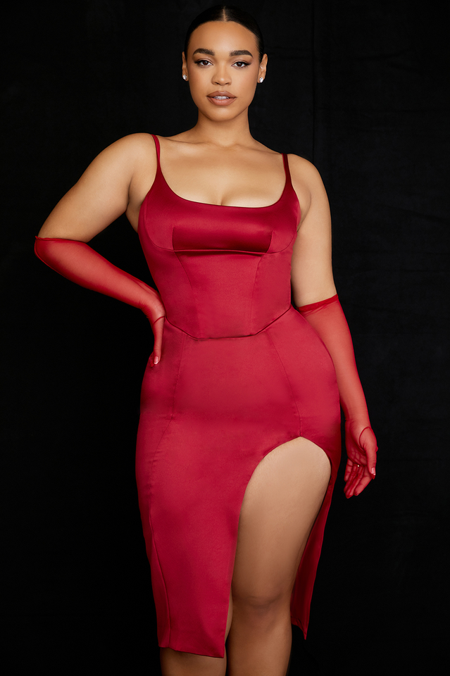 Pleated Satin Corset Midi Dress