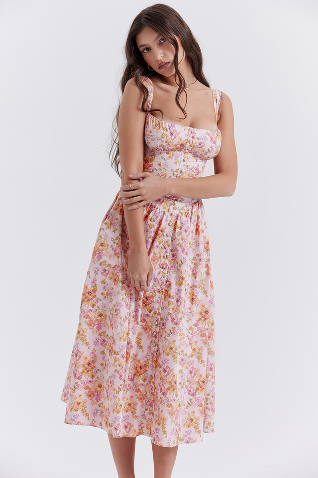 Tatiana Pink Botanical Print Midi Dress