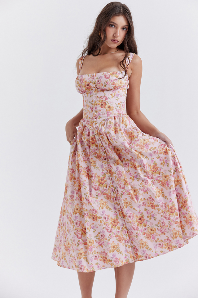 Tatiana Pink Botanical Print Midi Dress
