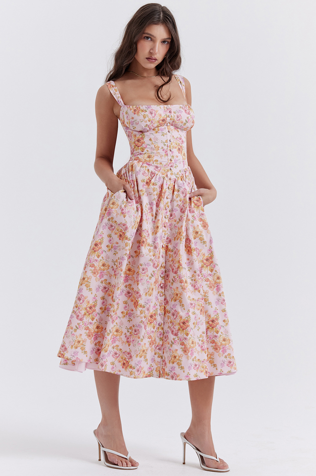 Tatiana Pink Botanical Print Midi Dress