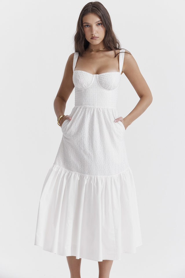 White Elia Broderie Anglaise Midi Dress