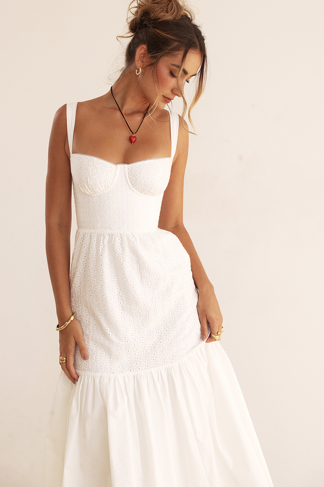 White Elia Broderie Anglaise Midi Dress