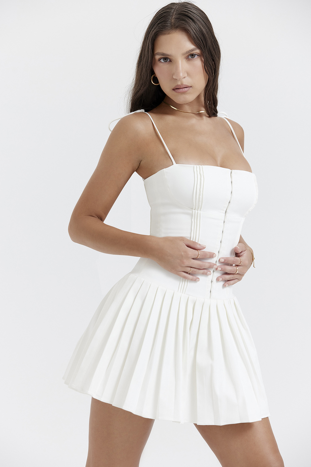 White Marcy Pleated Mini Dress