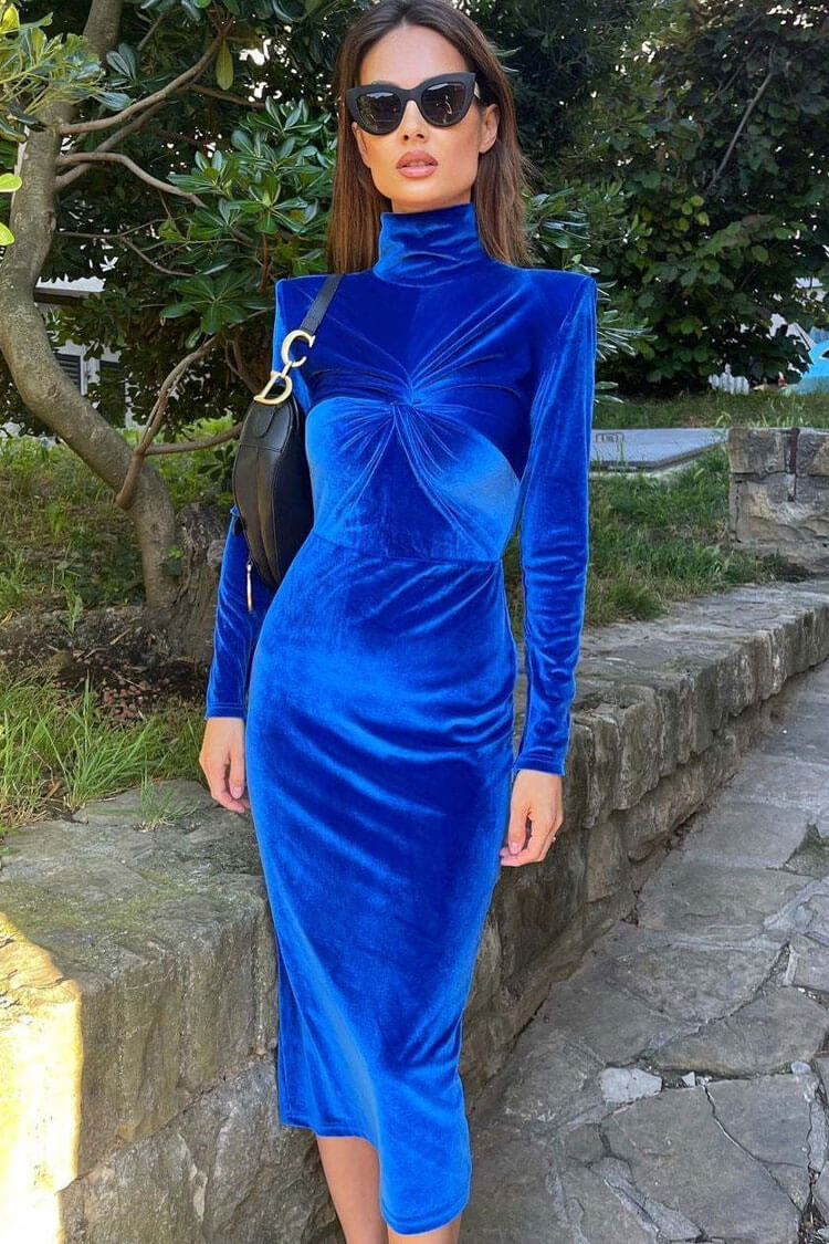 High Classy Neck Twist Long Sleeve Velvet Cocktail Party Midi Dress - Royal Blue