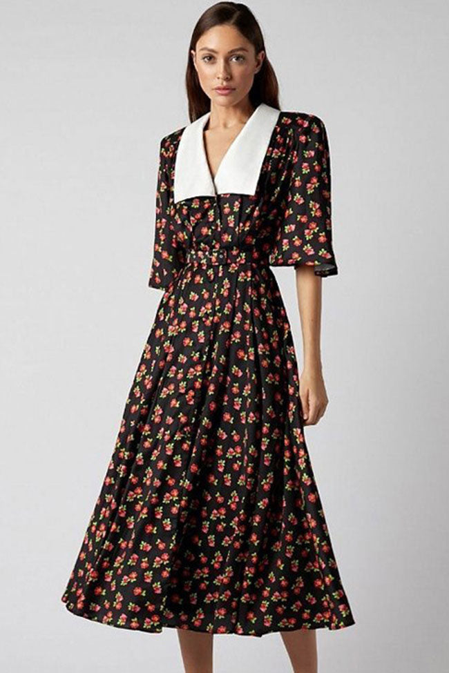 French Spread Collar Short Sleeve Button Down Bloom Midi Dress - Black