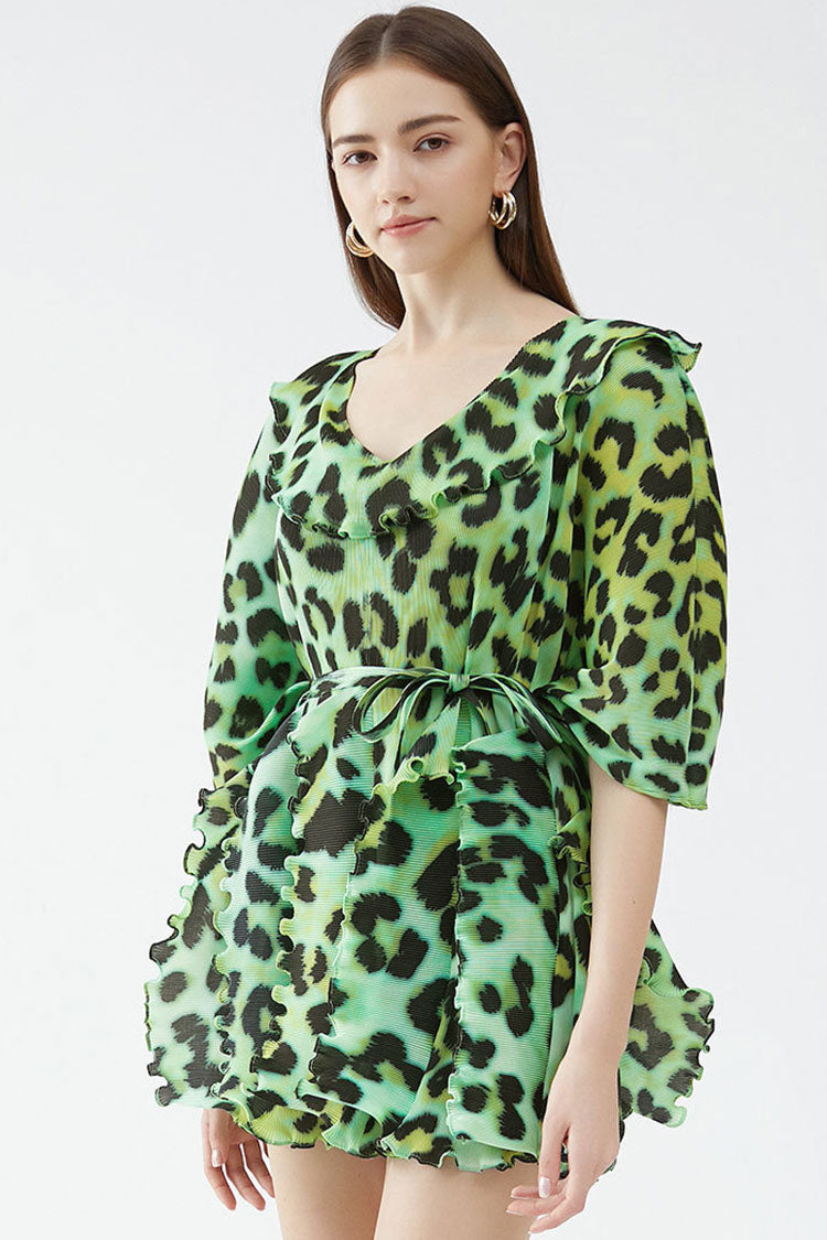 V Classy Neck Half Sleeve Leopard Print Pleated Ruffle Mini Dress - Green
