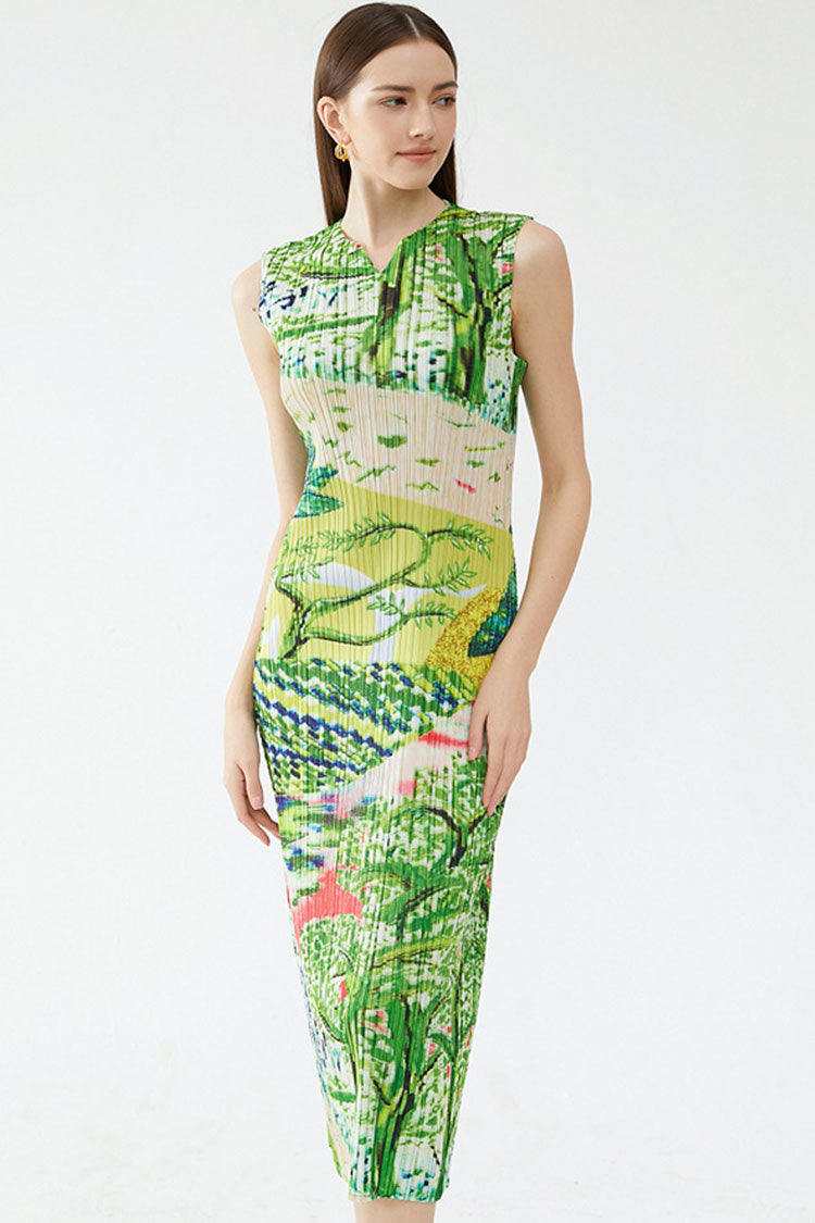 V Classy Neck Landscape Print Sleeveless Pleated Midi Dress - Green